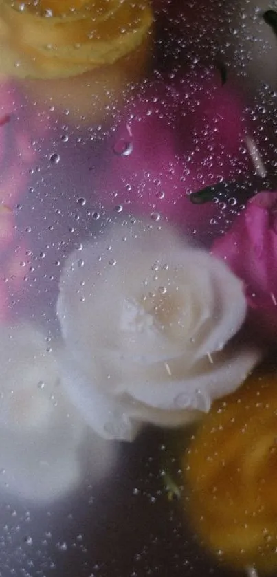 Yellow, pink, and white roses with raindrops on a mobile wallpaper.