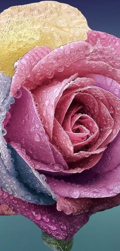 Colorful rose with raindrops on petals wallpaper.