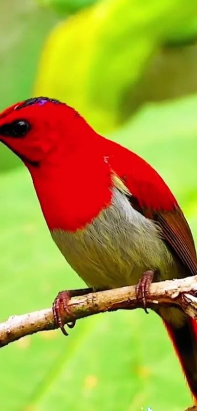 Vibrant red bird perched on a branch with green leaves background.