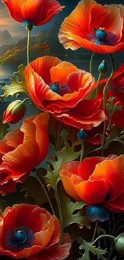 Vibrant red poppy flowers with lush green leaves and artistic background.