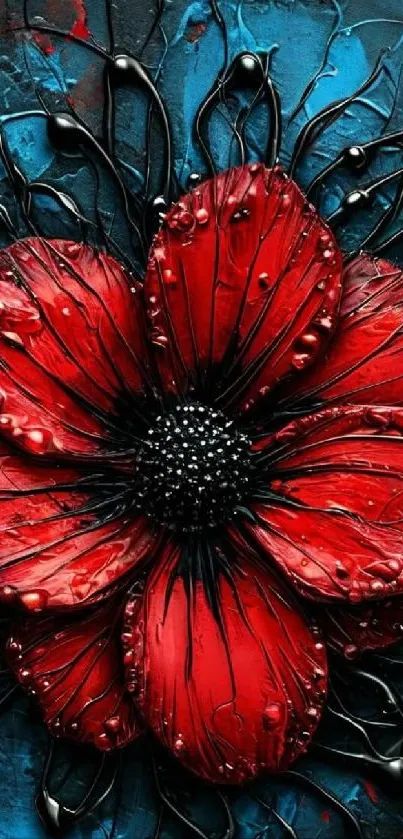 Vivid red flower with intricate black details on a textured blue background.