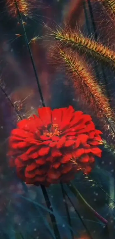 Vibrant red flower with dark foliage wallpaper.