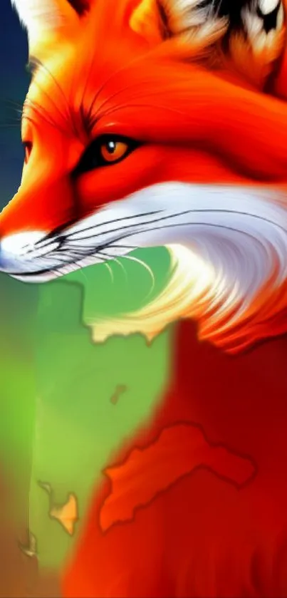 Vibrant red fox in an artistic design with a colorful background.