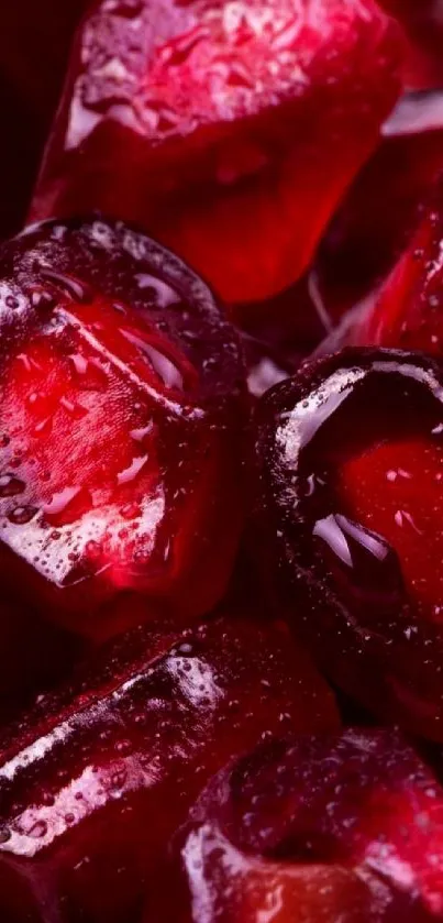 Vivid crimson pomegranate seeds glistening with juice in a vibrant close-up view.