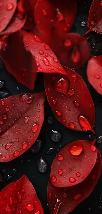 Red leaves with water droplets on dark background.