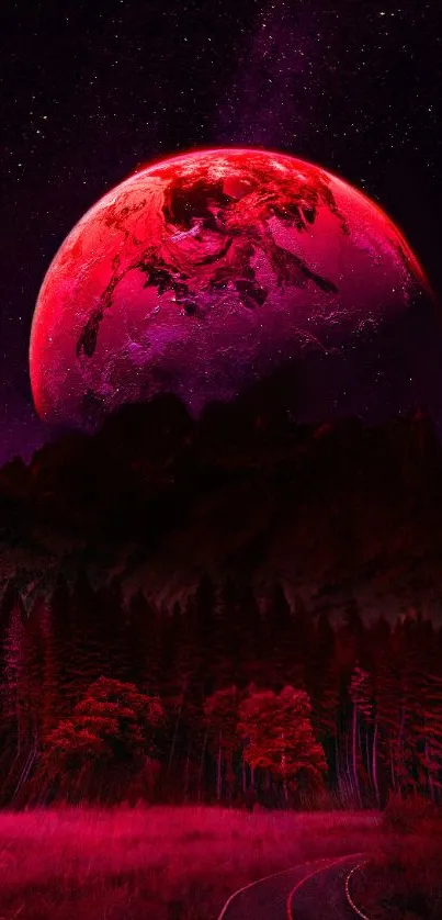 Vibrant red moon above a forest under a starry night sky.