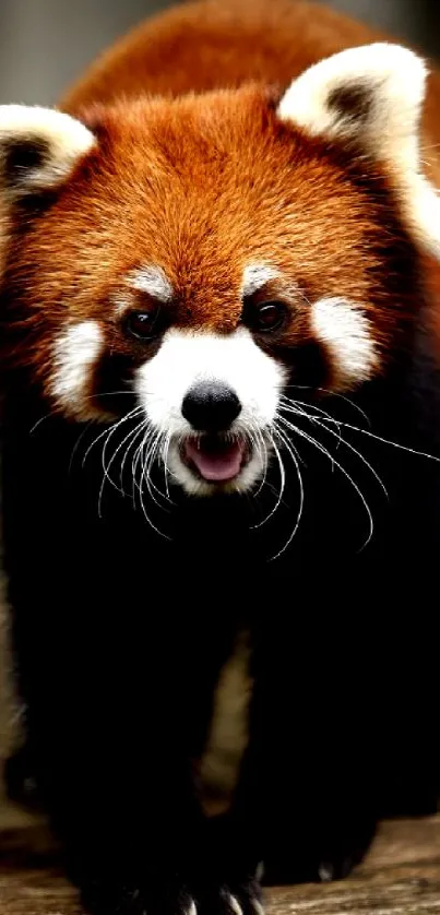 Close-up of adorable red panda on wooden surface.