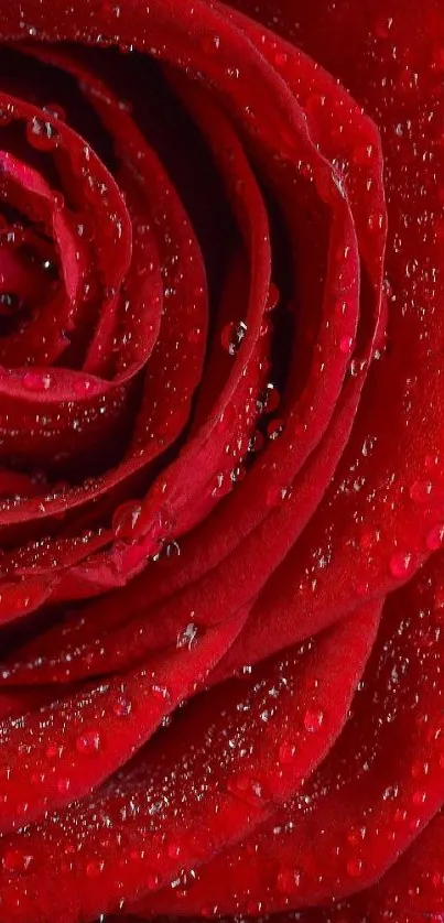 Close-up of a vivid red rose with sparkling water droplets.