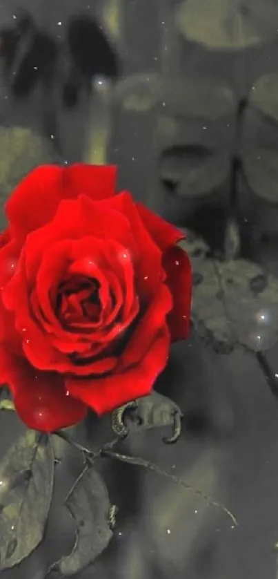 Vibrant red rose with monochrome leaves.