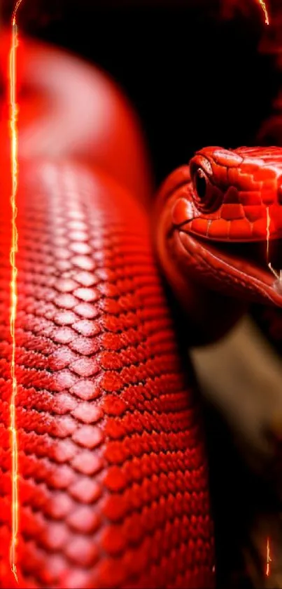 Close-up of a vivid red snake with detailed scales on dark background.