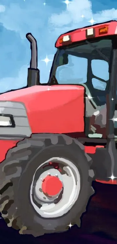 Vivid illustration of a red tractor with a dynamic cloud background.