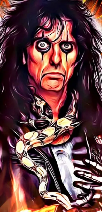 Vivid artwork of rock artist with a fiery background.