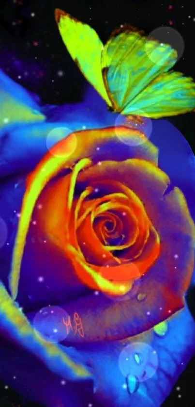 Vibrant blue rose with neon butterfly on cosmic background.