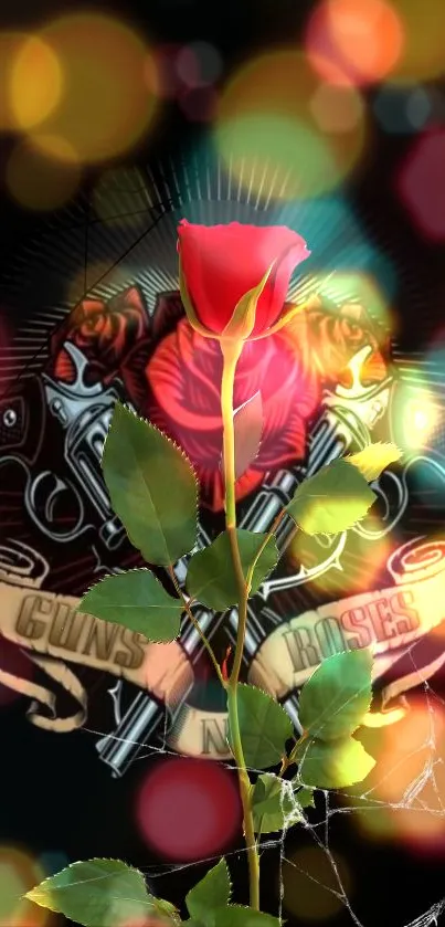 Rose and guitar artwork with colorful bokeh lights background.