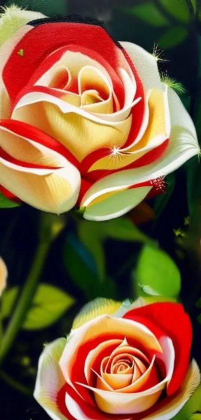 Vivid roses with lush green leaves, creating a vibrant and elegant mobile wallpaper.