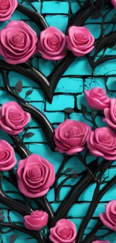Vibrant pink roses on a blue brick wall background.