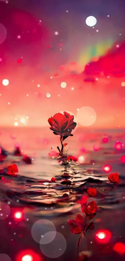 Vibrant rose floating in mystical ocean against a colorful sky.