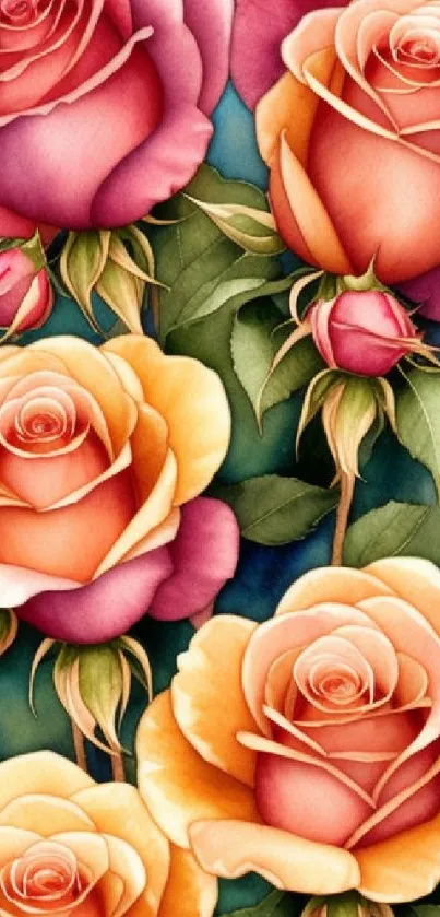 Vibrant mobile wallpaper of pastel roses with lush green leaves.