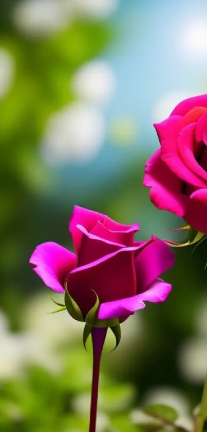 Vivid pink roses in a garden-themed mobile wallpaper.