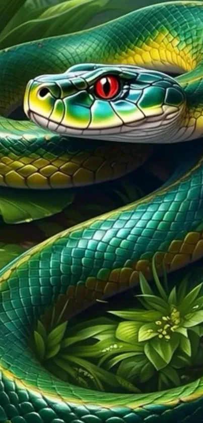 Colorful snake coiled in dense green foliage.