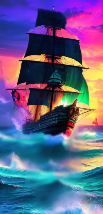 Vibrant ship sailing on colorful, sunset-lit waters.