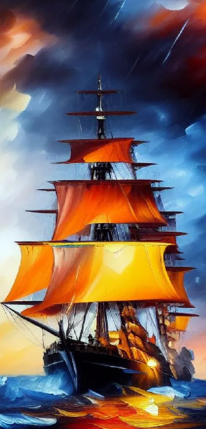 Colorful ship sailing in stormy sea with vivid orange sails.