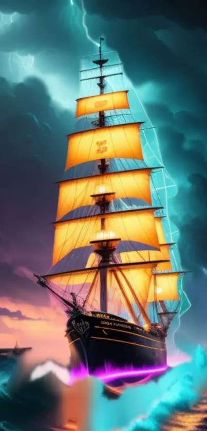 Sailing ship with vibrant sails in a stormy sea.