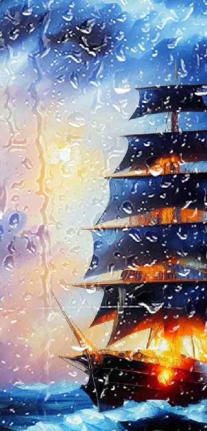 Vivid painting of a ship sailing under a dramatic cloudy sky.