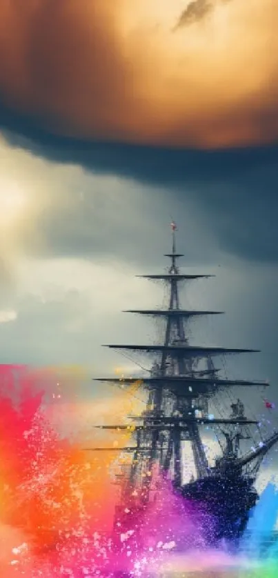 Classic ship sails under stormy sky with colorful splash.