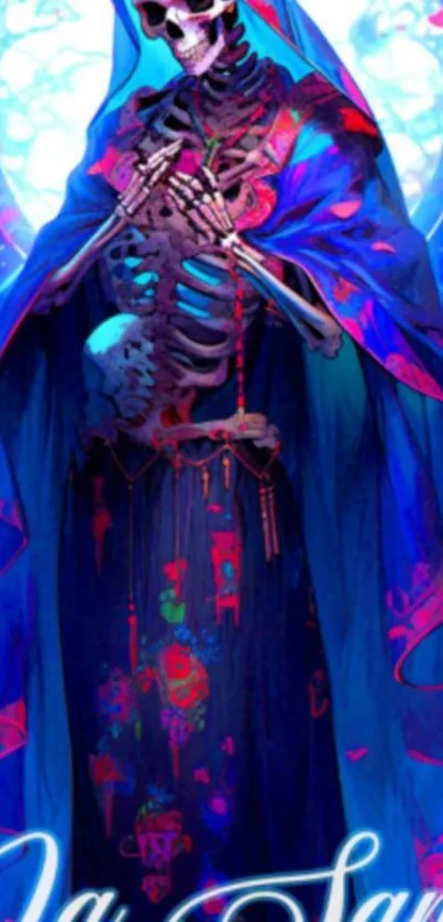 Vibrant skeleton in blue robe with mystical backdrop.