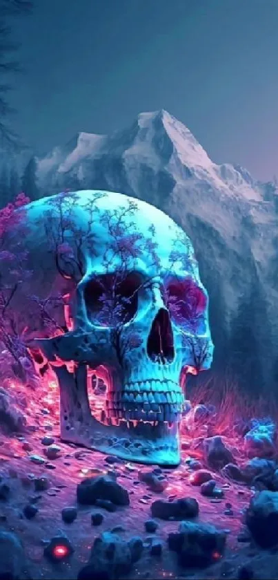 Luminous skull with vivid colors against a mountain backdrop in digital art style.