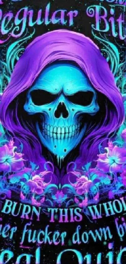 Vivid skull art with electric blue and purple hues in this eye-catching wallpaper.