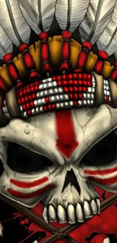 Skull art with red feathers and headdress on a mobile wallpaper.