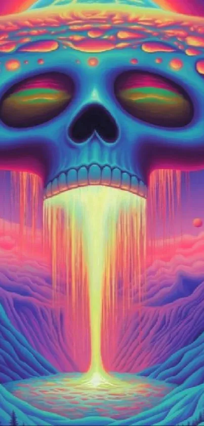 Vibrant psychedelic skull over surreal landscape.