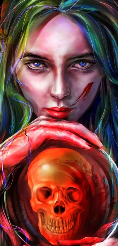 Intense colorful artwork with skull and mysterious person.