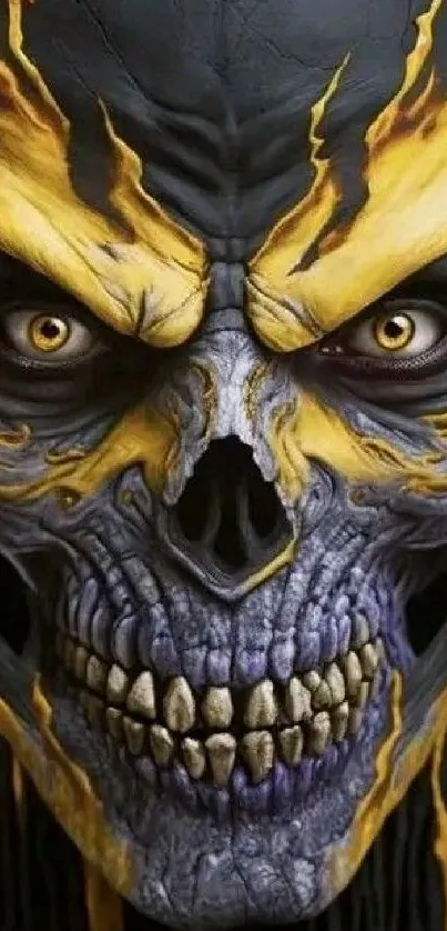 Dark skull with fiery yellow accents wallpaper, showcasing edgy horror art.