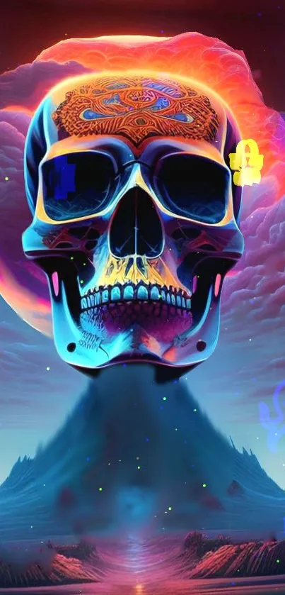 Bright and colorful skull fantasy mobile wallpaper.