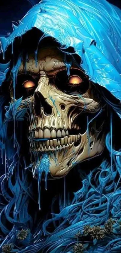 Vivid skull illustration in a blue hood for mobile wallpaper.