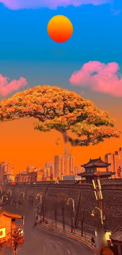 Vibrant cityscape with an orange sky and mystical blooming tree.