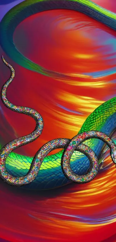 Vibrant snake artwork with colorful background.