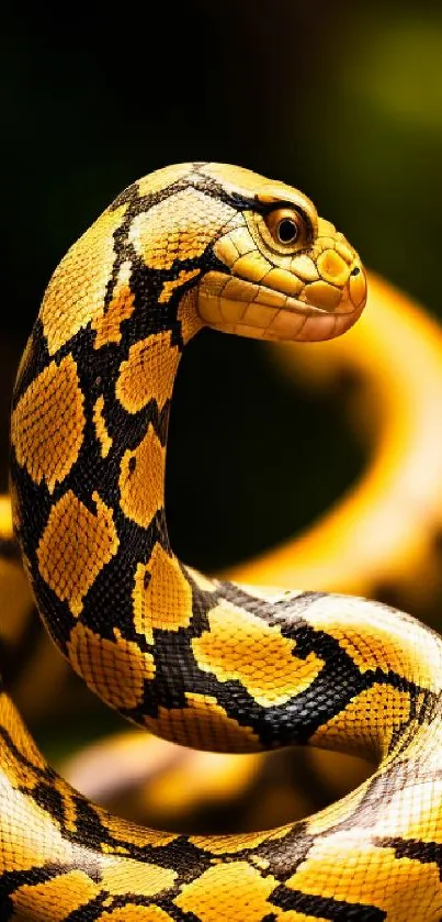 Close-up of a vibrant yellow snake with striking patterns on a blurred background.