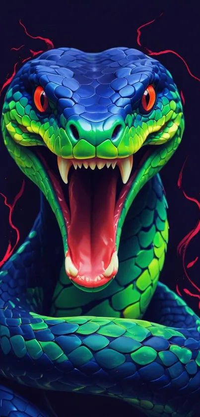 Colorful snake with vibrant green scales and striking red eyes.