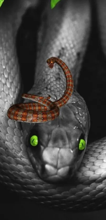 Vivid orange and green snake on monochrome black background.