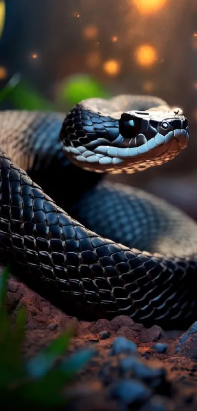 Striking black snake coiled on earthy ground with warm glowing lights.