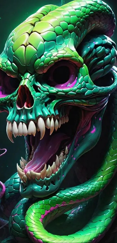 Vibrant green snake skull with dark background.