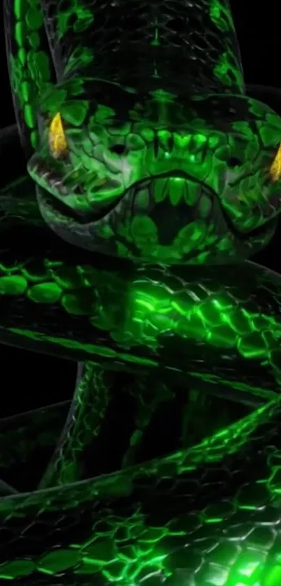 Close-up of a green snake with glowing scales on a dark background.