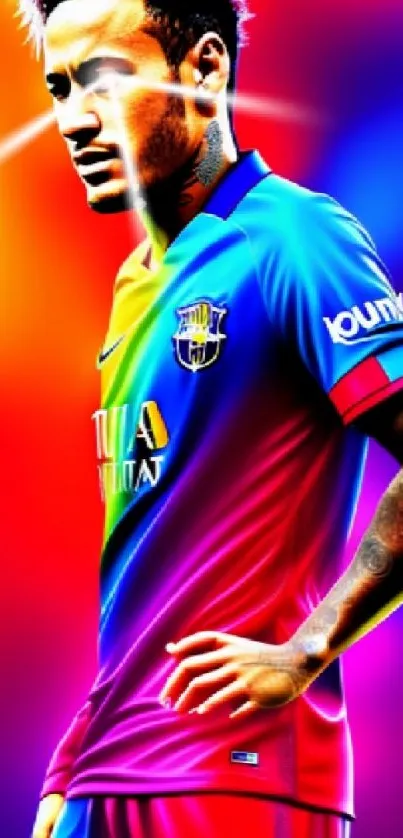 Colorful abstract soccer player wallpaper with vibrant blue and red hues.