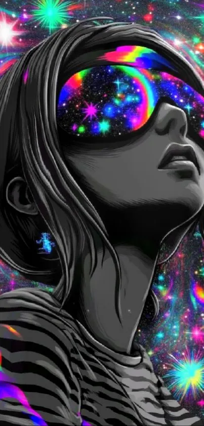 Colorful cosmic art of a woman with vivid space glasses.