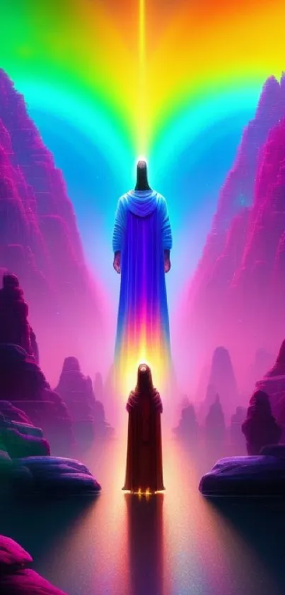 Vibrant mystical mountain wallpaper with spiritual figures and colorful hues.