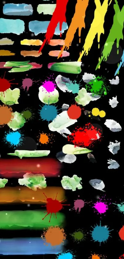 Colorful paint splatters on a black background mobile wallpaper.